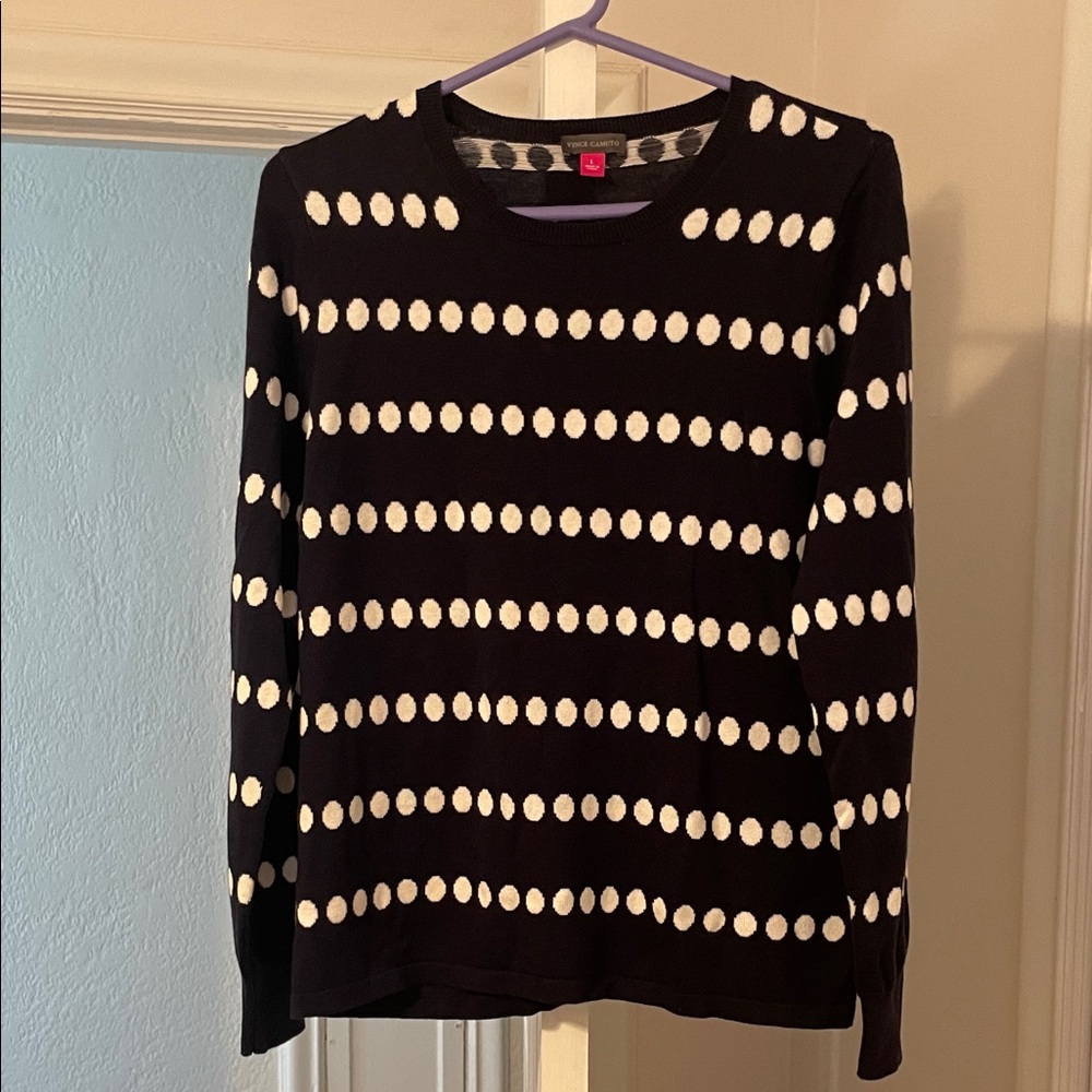 Vince Camuto navy and white polka dot sweater. Large